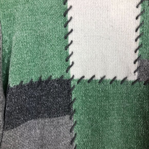 Alfred Dunner Vtg Patchwork Sweater Petite Large Acrylic Chenille Green Gray - Picture 7 of 10